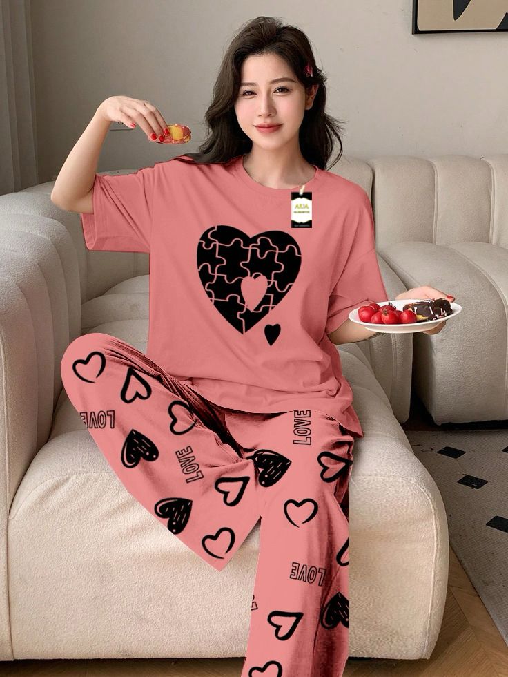 Gray (Copper) Color puzzle Heart Printed Capri home wear nightwear (9 Colors)