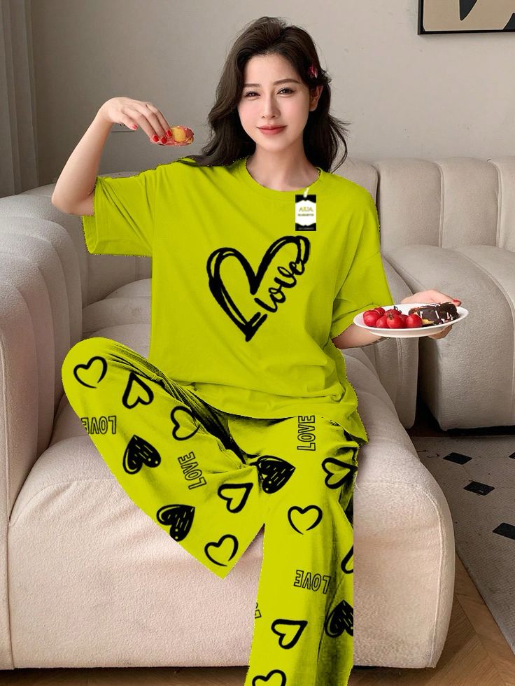 Purple Color Love Heart Printed Capri home wear nightwear (9 Colors)