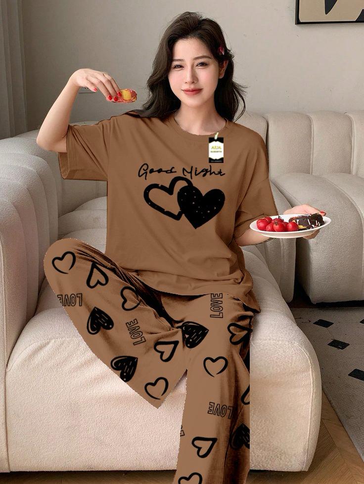 Light Green Color double Hearted good night Printed Capri home wear nightwear (8 Colors)