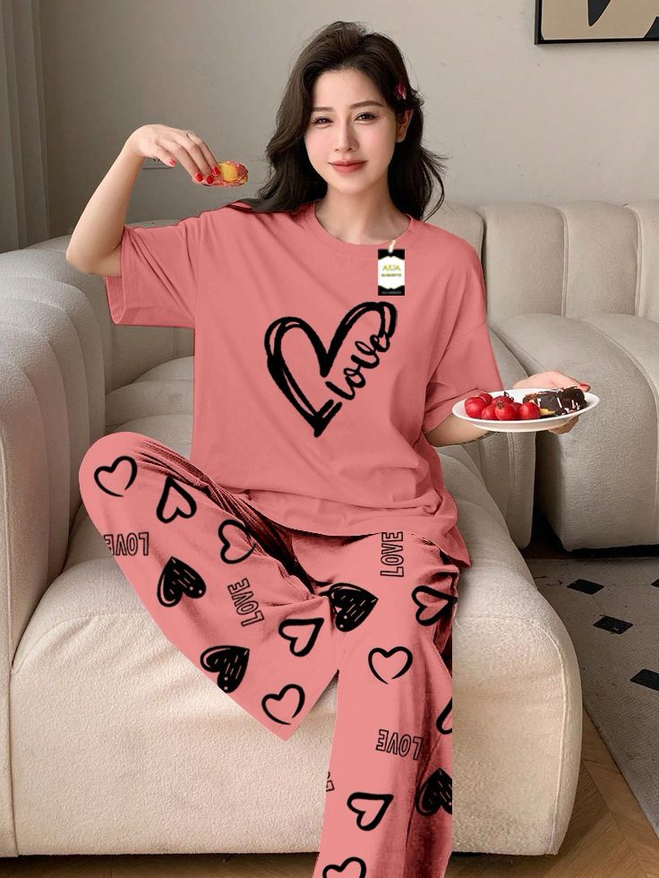 Purple Color Love Heart Printed Capri home wear nightwear (9 Colors)