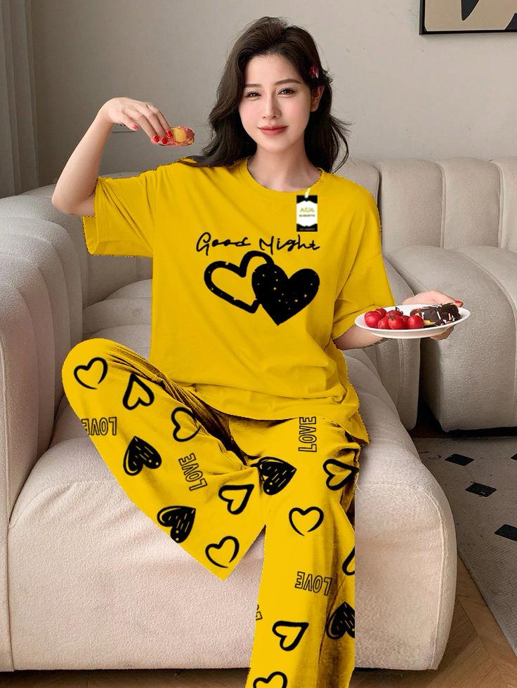 Light Green Color double Hearted good night Printed Capri home wear nightwear (8 Colors)