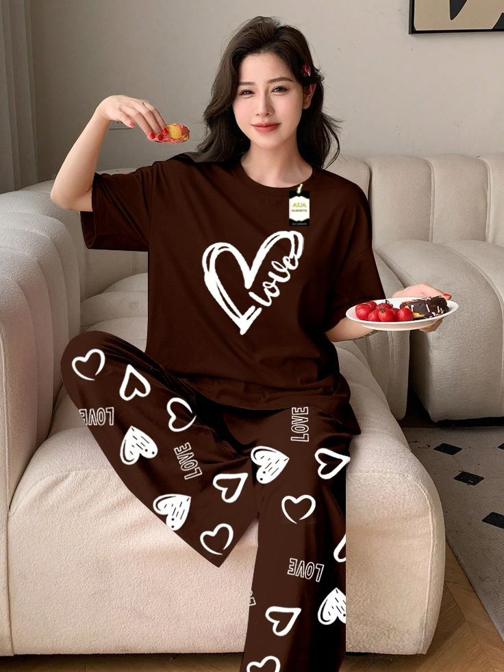 Purple Color Love Heart Printed Capri home wear nightwear (9 Colors)