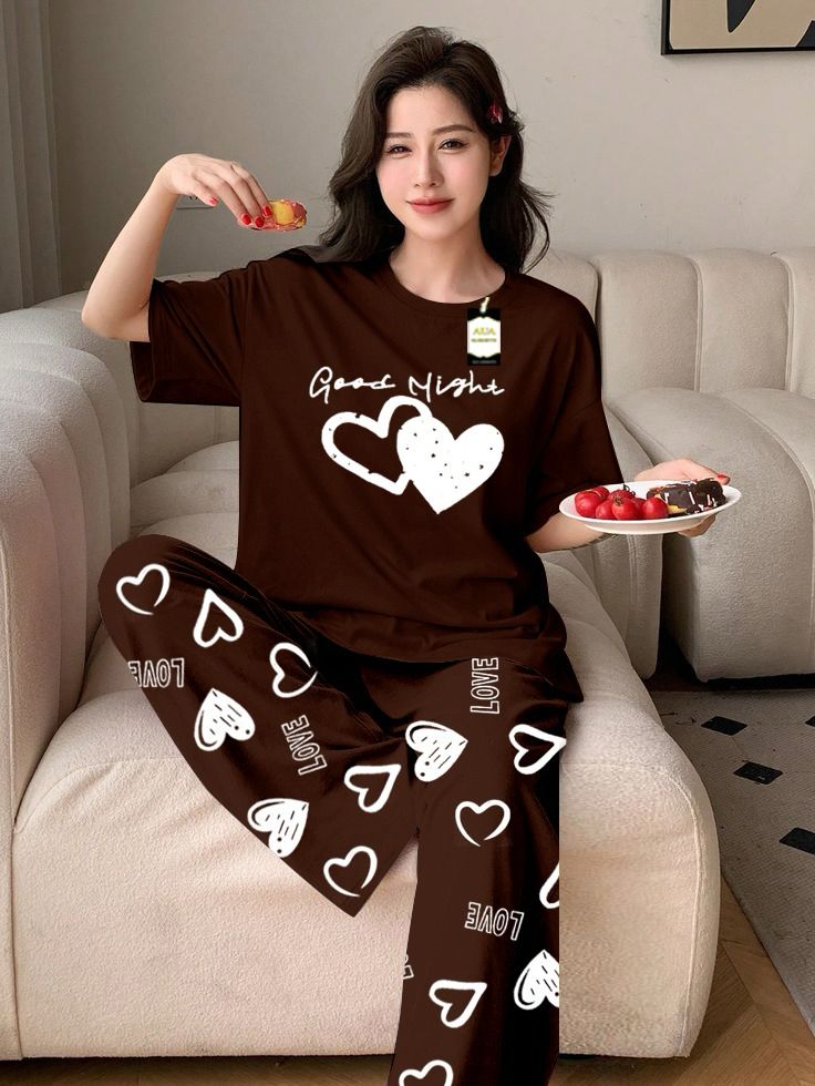 Light Green Color double Hearted good night Printed Capri home wear nightwear (8 Colors)