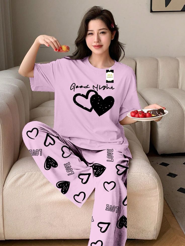 Light Green Color double Hearted good night Printed Capri home wear nightwear (8 Colors)