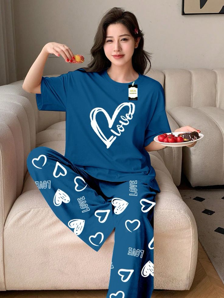 Purple Color Love Heart Printed Capri home wear nightwear (9 Colors)