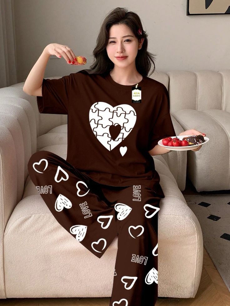 Gray (Copper) Color puzzle Heart Printed Capri home wear nightwear (9 Colors)