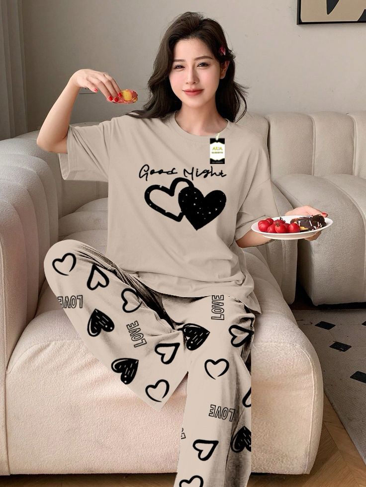 Light Green Color double Hearted good night Printed Capri home wear nightwear (8 Colors)