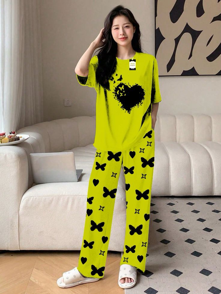 Blue Color women Heart Printed butterfly flying Capri home wear nightwear (9 Colors)