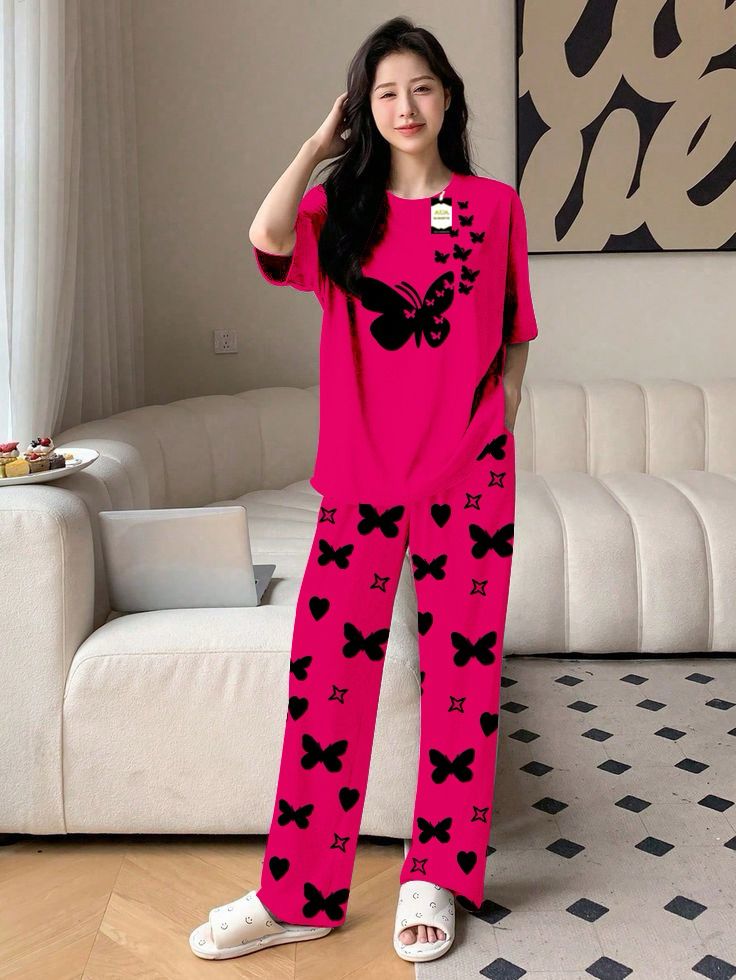 Pink Color women Butterfly Printed Capri home wear nightwear (9 Colors)