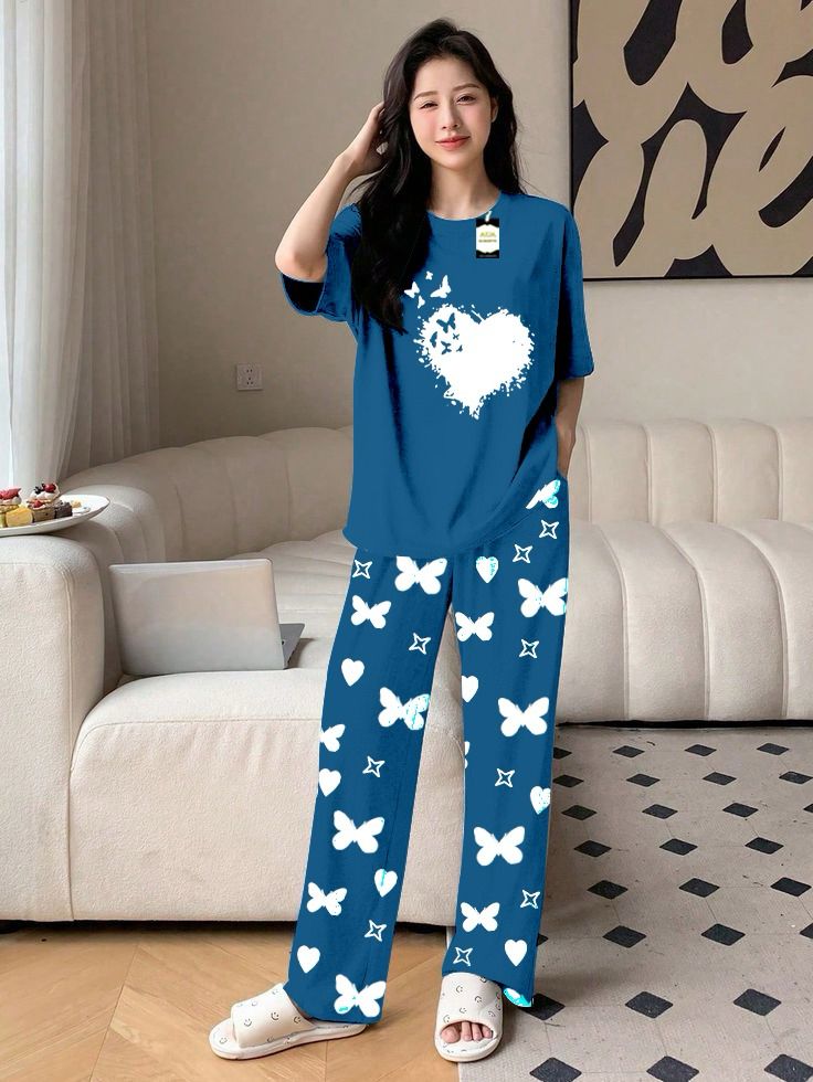 Blue Color women Heart Printed butterfly flying Capri home wear nightwear (9 Colors)