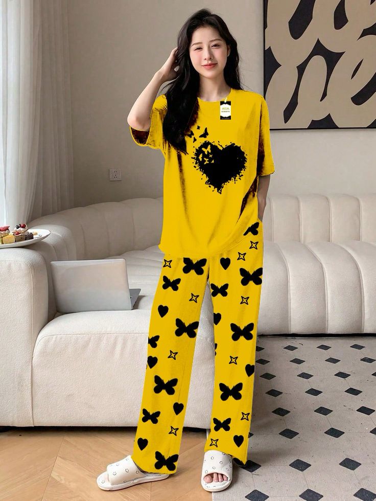 Blue Color women Heart Printed butterfly flying Capri home wear nightwear (9 Colors)