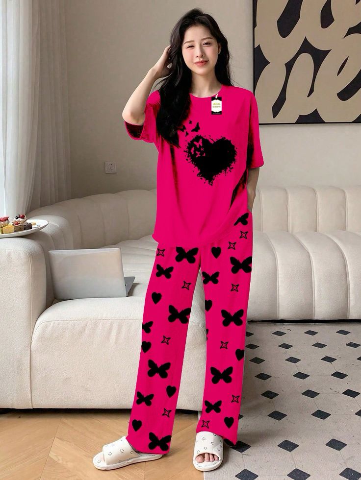 Blue Color women Heart Printed butterfly flying Capri home wear nightwear (9 Colors)