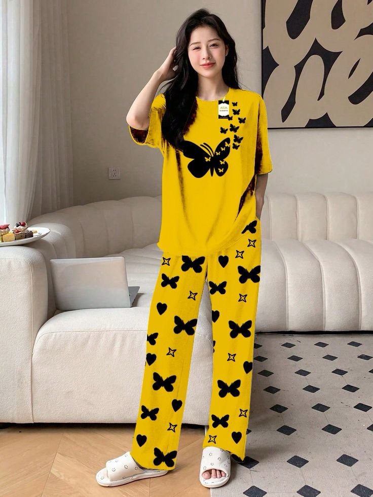 Pink Color women Butterfly Printed Capri home wear nightwear (9 Colors)
