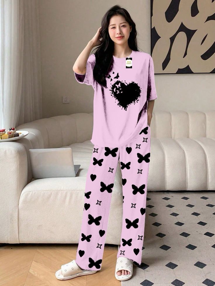 Blue Color women Heart Printed butterfly flying Capri home wear nightwear (9 Colors)