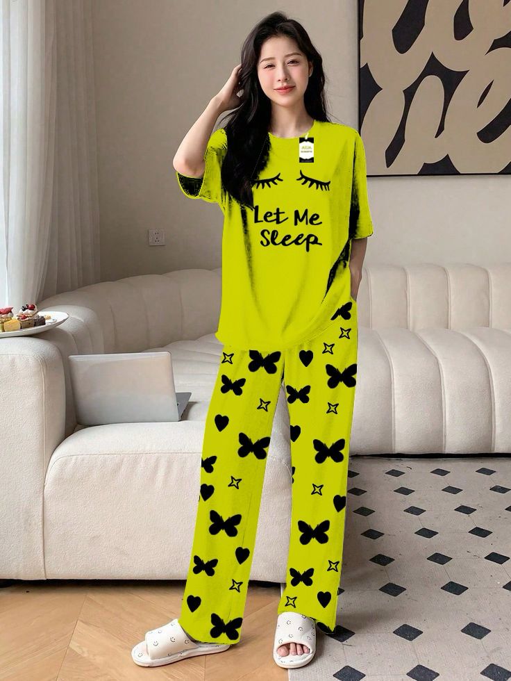Yellow Color women Let me Sleep Printed Capri home wear nightwear (8 Colors)