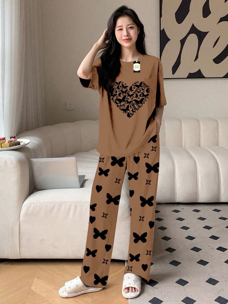 Brown Color women Heart Printed Capri home wear nightwear (8 Colors)