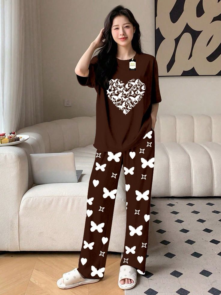 Brown Color women Heart Printed Capri home wear nightwear (8 Colors)