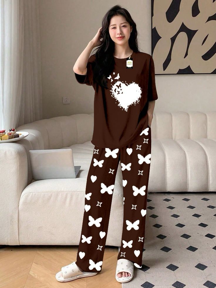 Blue Color women Heart Printed butterfly flying Capri home wear nightwear (9 Colors)