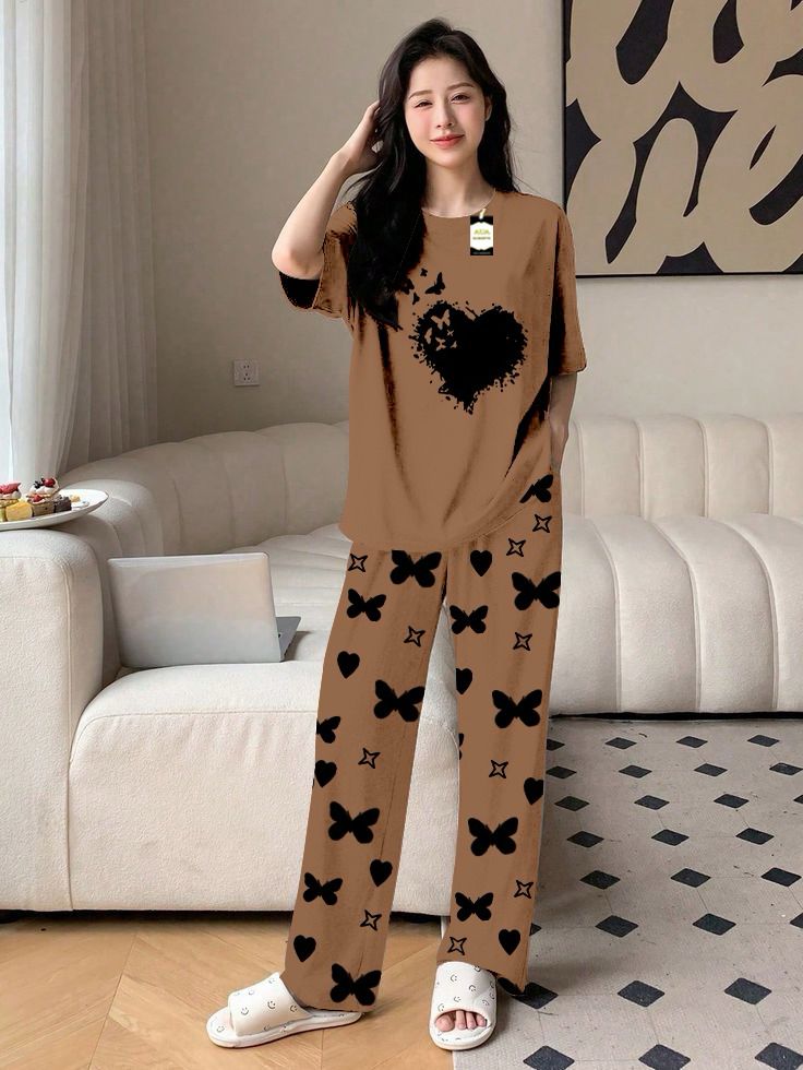 Blue Color women Heart Printed butterfly flying Capri home wear nightwear (9 Colors)