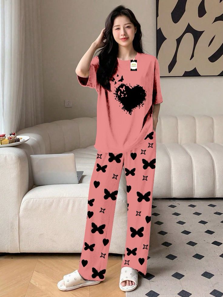 Blue Color women Heart Printed butterfly flying Capri home wear nightwear (9 Colors)