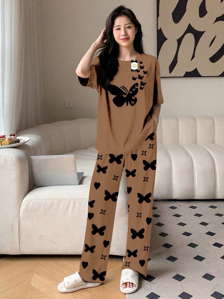 Pink Color women Butterfly Printed Capri home wear nightwear (9 Colors)