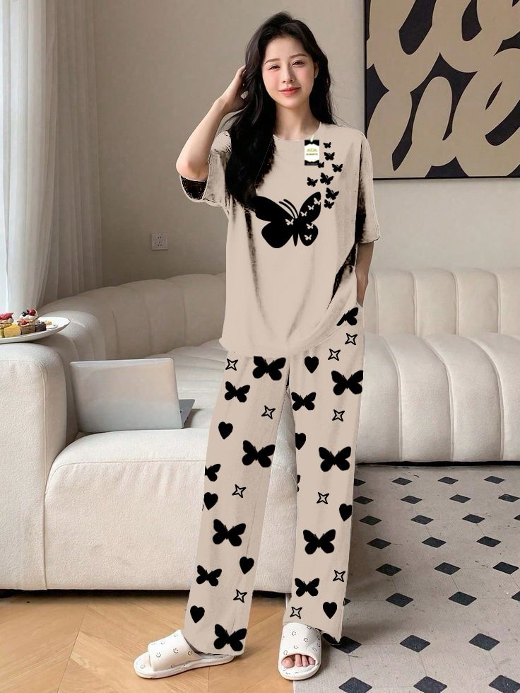 Pink Color women Butterfly Printed Capri home wear nightwear (9 Colors)