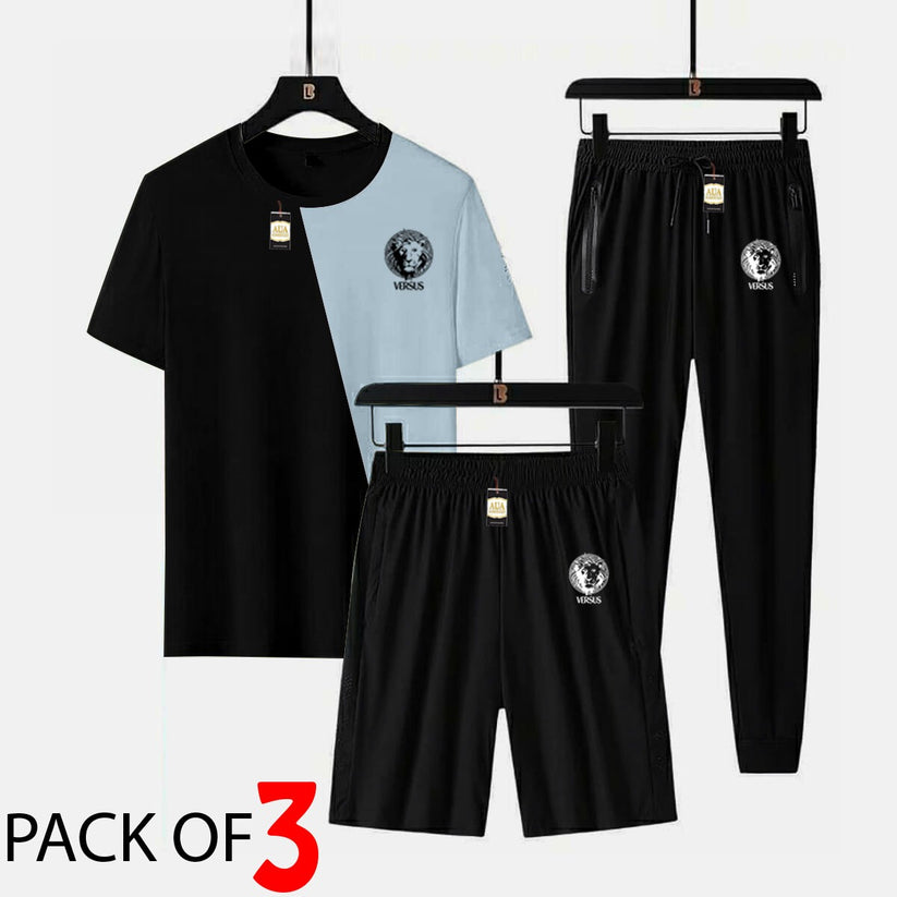 VERSUS Printed 3 piece cross panel tracksuit for men (Panel t shirt + trouser + short)