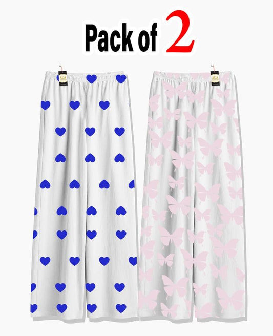 Pack of 2 Women's Nightwear Pajama Set - Blue Mini Heart & Pink Butterfly trouser Print