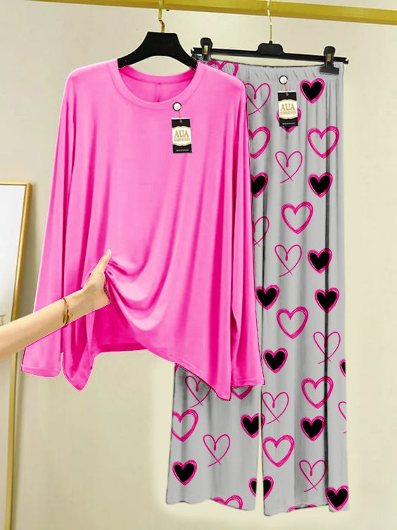 Plain Heart Printed Trouser Lounge wear Nightwear Sleepwear With Heart Prinred Trouser For Women