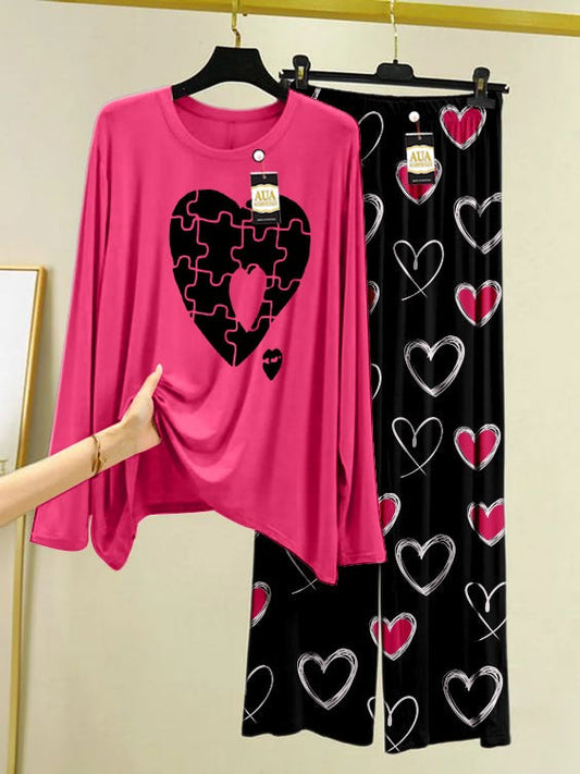 Puzzel Heart Printed Pink Color Heart Printed Trouser Lounge wear Nightwear Sleepwear With Heart Prinred Trouser For Women