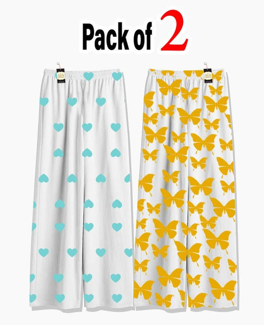 Pack of 2 Women's Nightwear Pajama Set - Blue Mini Heart & Yellow Buttefly trouser Print