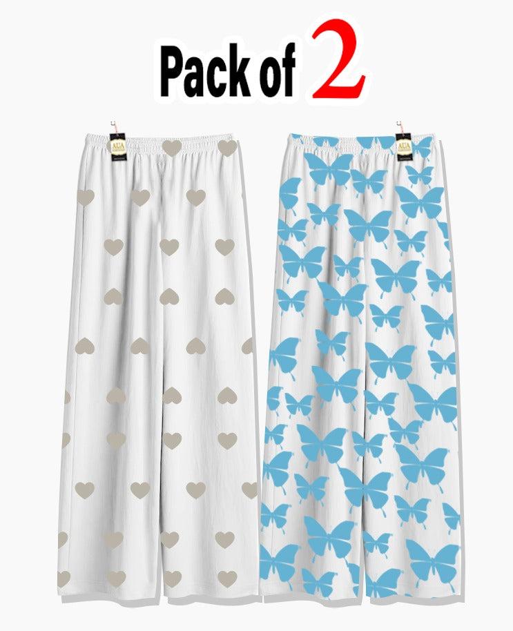 Pack of 2 Women's Nightwear Pajama Set - Grey Mini Heart & Blue Butterfly trouser Print