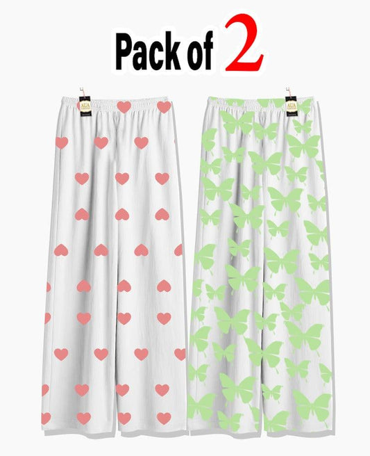 Pack of 2 Women's Nightwear Pajama Set - Peach Mini Heart & Green Butterfly trouser Print