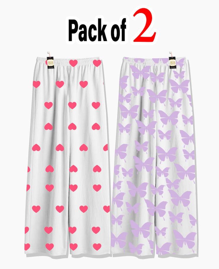 Pack of 2 Women's Nightwear Pajama Set - Pink Mini Heart Purple Butterfly Trouser trouser Print