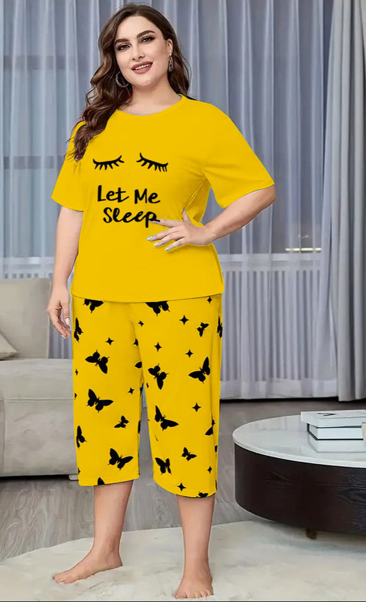 Yellow Let Me Sleep Printed Half-Sleeved Vest For Leisure Home Wear Female Sleepwear Night Dress