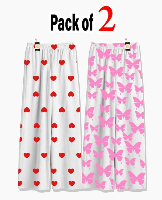 Pack of 2 Women's Nightwear Pajama Set - Red Mini Heart & Pink Butterfly trouser Print