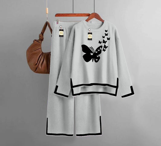 Flying Butterfly Printed Turkish Winter Co-Ord Set for Women - Warm & Stylish Loungewear Black