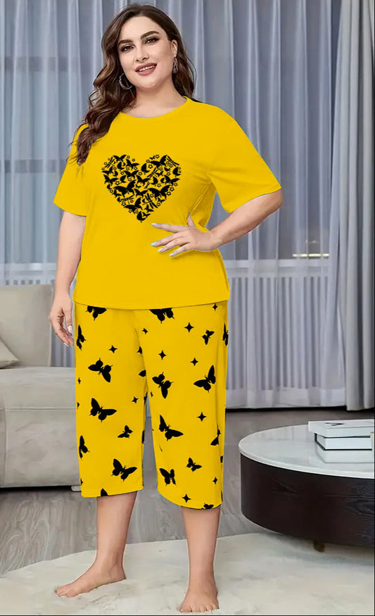 Yellow Butterfly Heart Printed Half-Sleeved Vest For Leisure Home Wear Female Sleepwear Night Dress