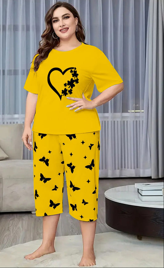 Yellow women Heart Printed Half-Sleeved Vest For Leisure Home Wear Female Sleepwear Night Dress