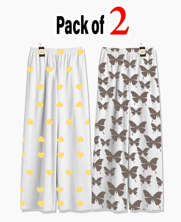 Pack of 2 Women's Nightwear Pajama Set - Yellow Moni Heart & Grey Butterfly trouser Print