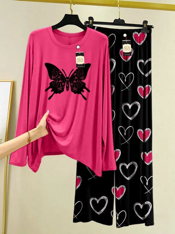 Butterfly Printed Pink Color Heart Printed Trouser Lounge wear Nightwear Sleepwear With Heart Prinred Trouser For Women By