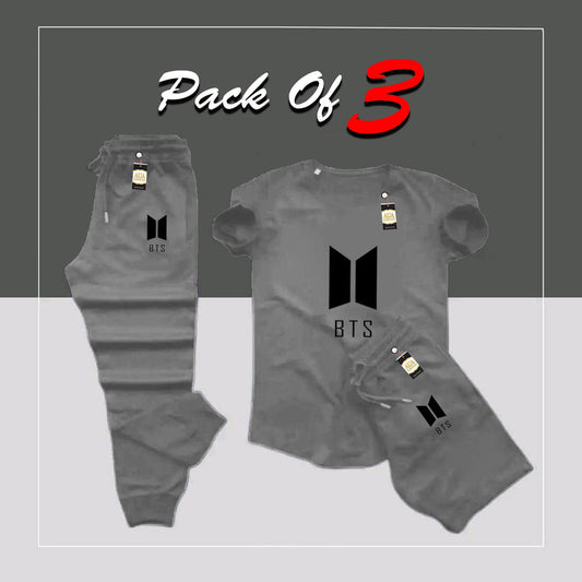 BTS Printed 3 in 1 Tracksuit For Men & Boys - Soft & Comfortable Fabric (T Shirt+Trouser+short) Tracksuit