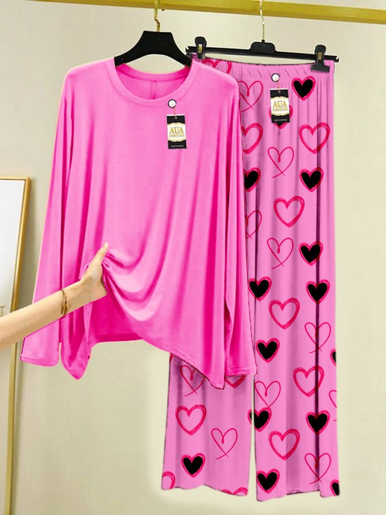 Plain Heart Printed Trouser Lounge wear Nightwear Sleepwear With Heart Prinred Trouser For Women