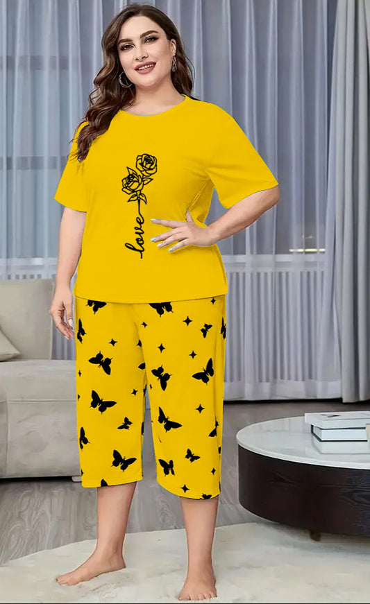Yellow Rose Love Printed Half-Sleeved Vest For Leisure Home Wear Female Sleepwear Night Dress