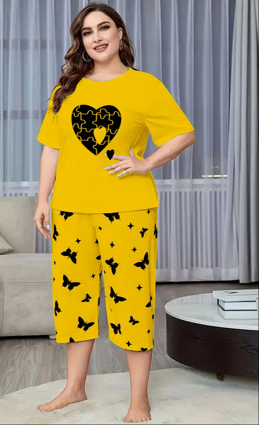 Yellow Puzzel Heart Printed Half-Sleeved Vest For Leisure Home Wear Female Sleepwear Night Dress
