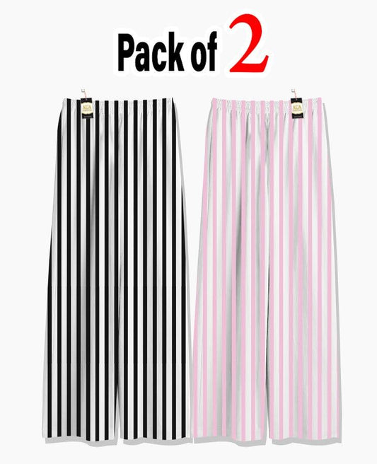 Pack of 2 Women's Nightwear Pajama Set -Black & Baby Pink Lining trouser Print