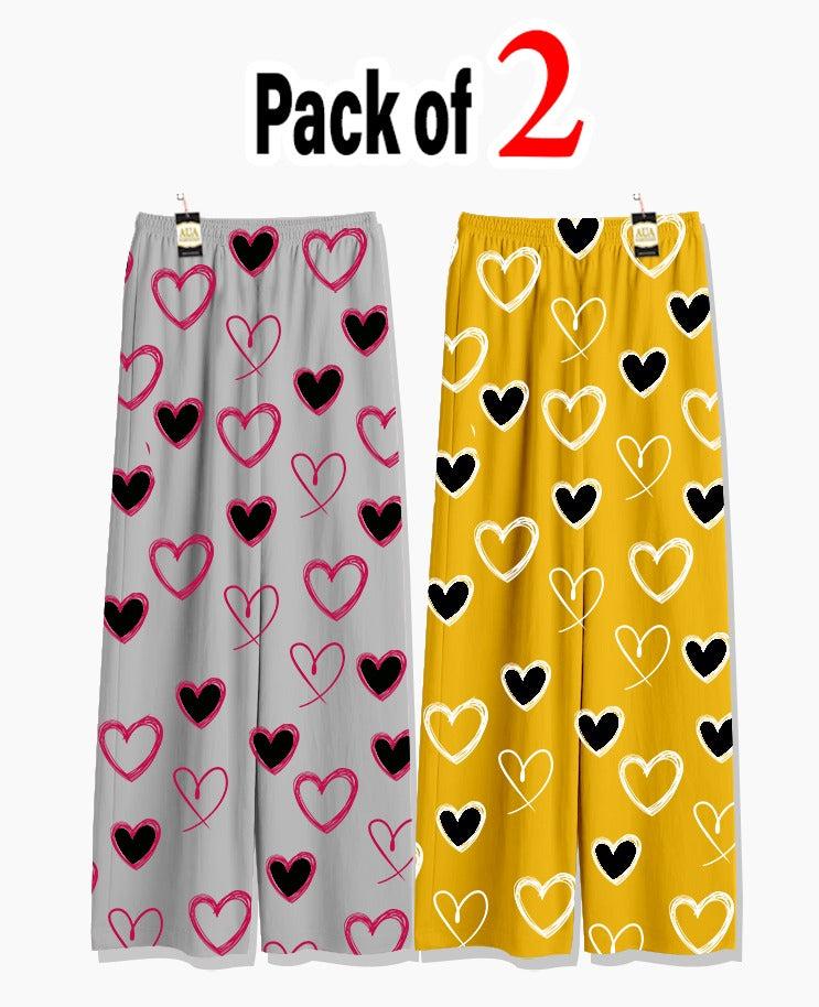 Pack of 2 Women's Nightwear Pajama Set -black &Pink & Yellow printed trouser Print