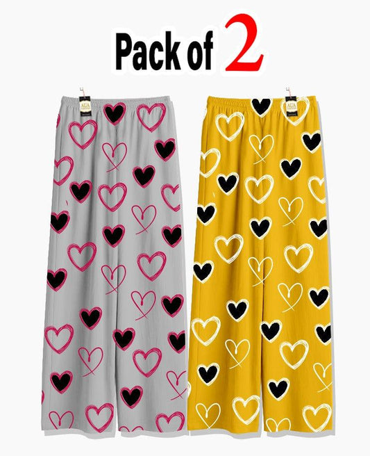 Pack of 2 Women's Nightwear Pajama Set -black &Pink & Yellow printed trouser Print