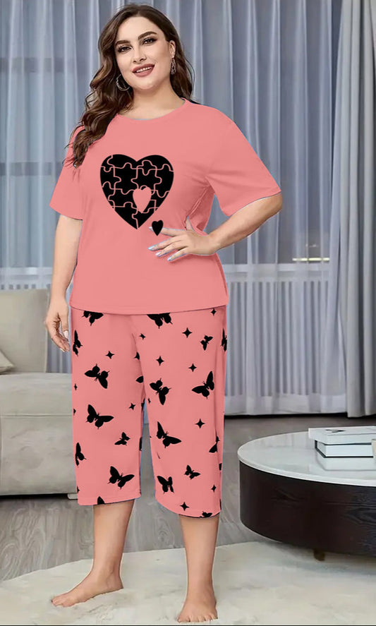 Peach Puzzel Heart Printed Half-Sleeved Vest For Leisure Home Wear Female Sleepwear Night Dress