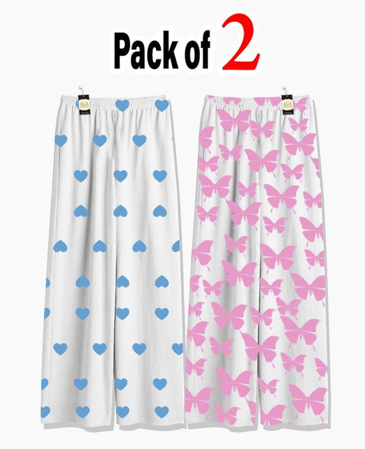 Pack of 2 Women's Nightwear Pajama Set -Blue Mini Heart & Pink Butterfly trouser Print